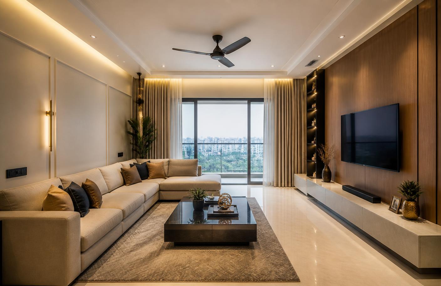 Finished contemporary living room after renovation