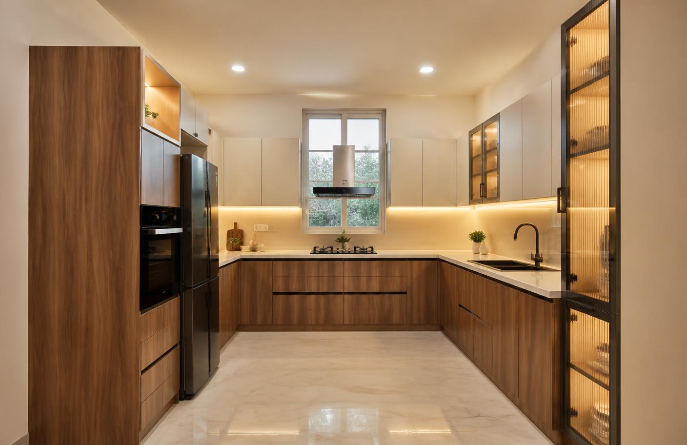 Completed ivory and walnut modular kitchen