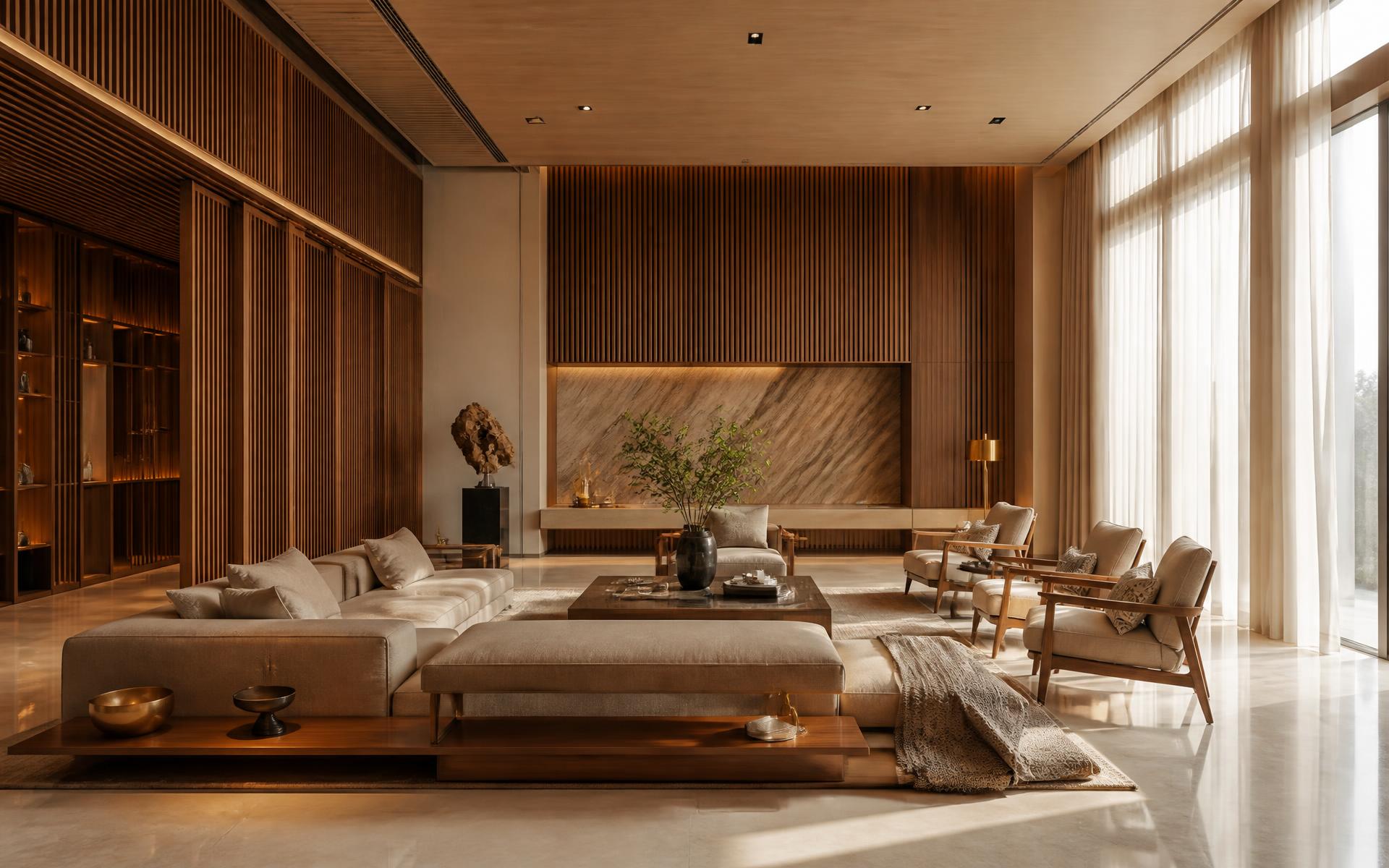Luxury living room interior with warm wooden panelling, beige upholstery and brass lighting