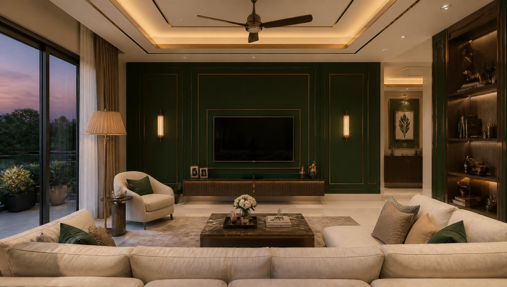 Luxury living room interior with deep green panelling, marble flooring and brass lighting