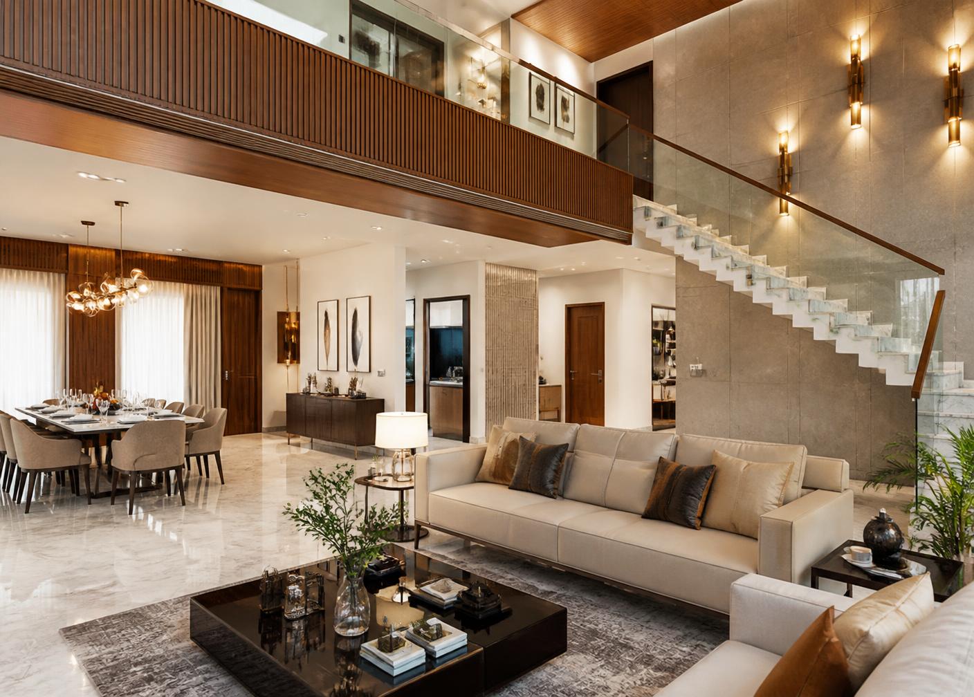 Open plan luxury living and dining interior